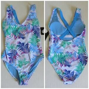 Blue White One Piece Swimsuit Women Large Jungle Print Pull On Marilyn Monroe